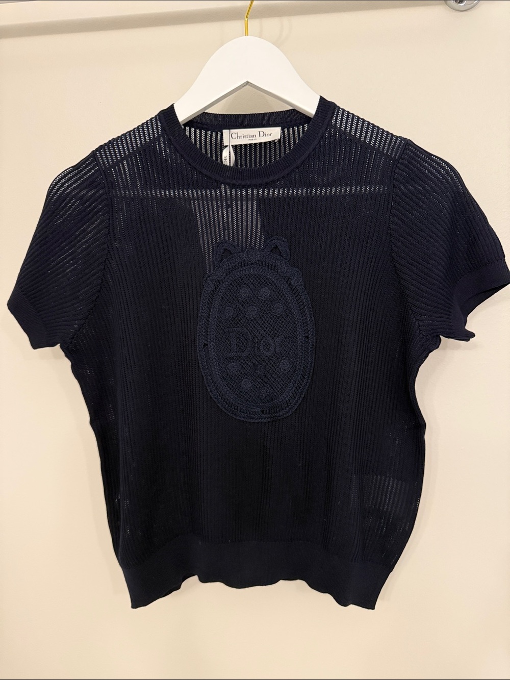 Dior Navy Short Sleeve Knit Top with Raised Logo Medallion